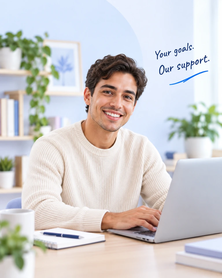 Illustrative male student at a laptop; supplied artwork reads Your goals. Our support.