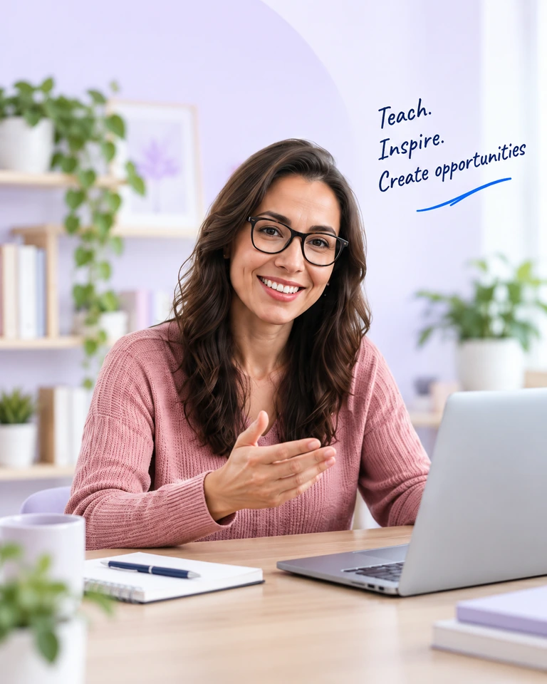 Illustrative woman in pink teaching at a laptop; supplied artwork reads Teach. Inspire. Create opportunities.