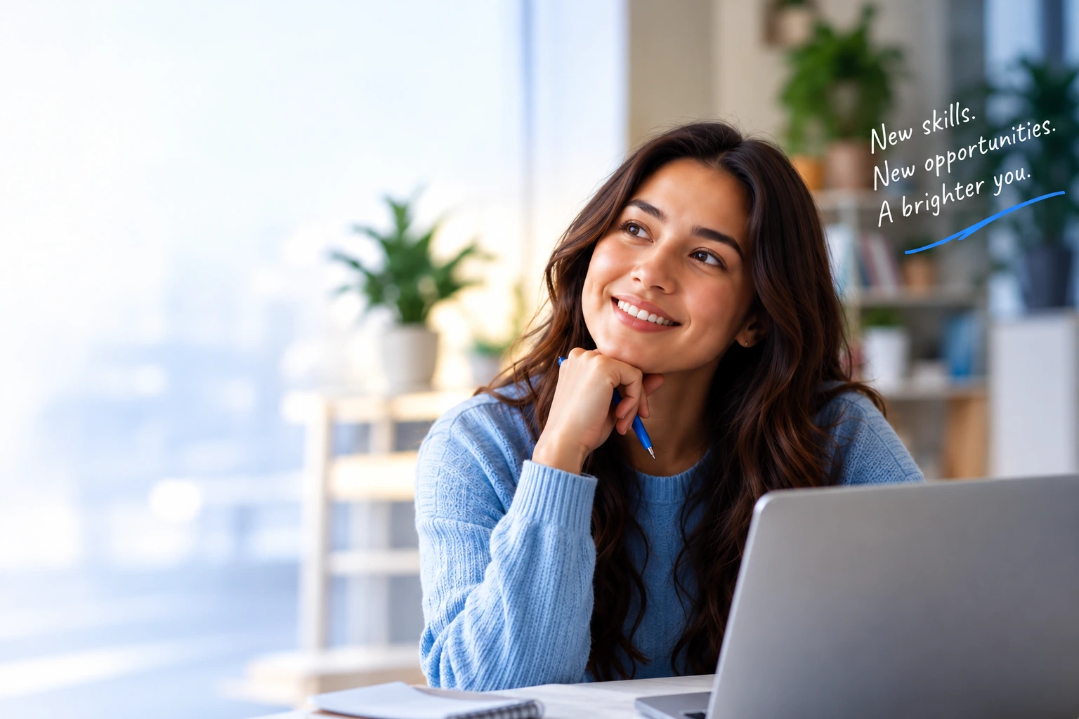 Illustrative woman in blue at a laptop; supplied artwork reads New skills. New opportunities. A brighter you.