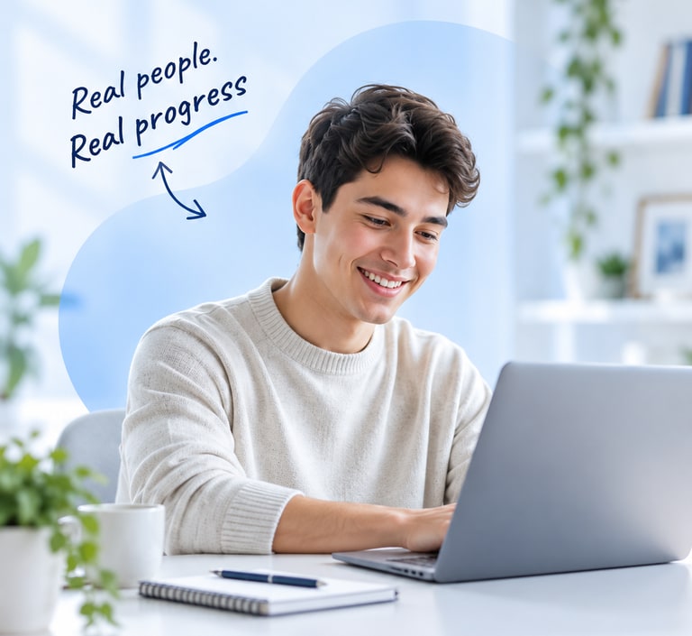 Illustrative student using a laptop; artwork reads Real people. Real progress.