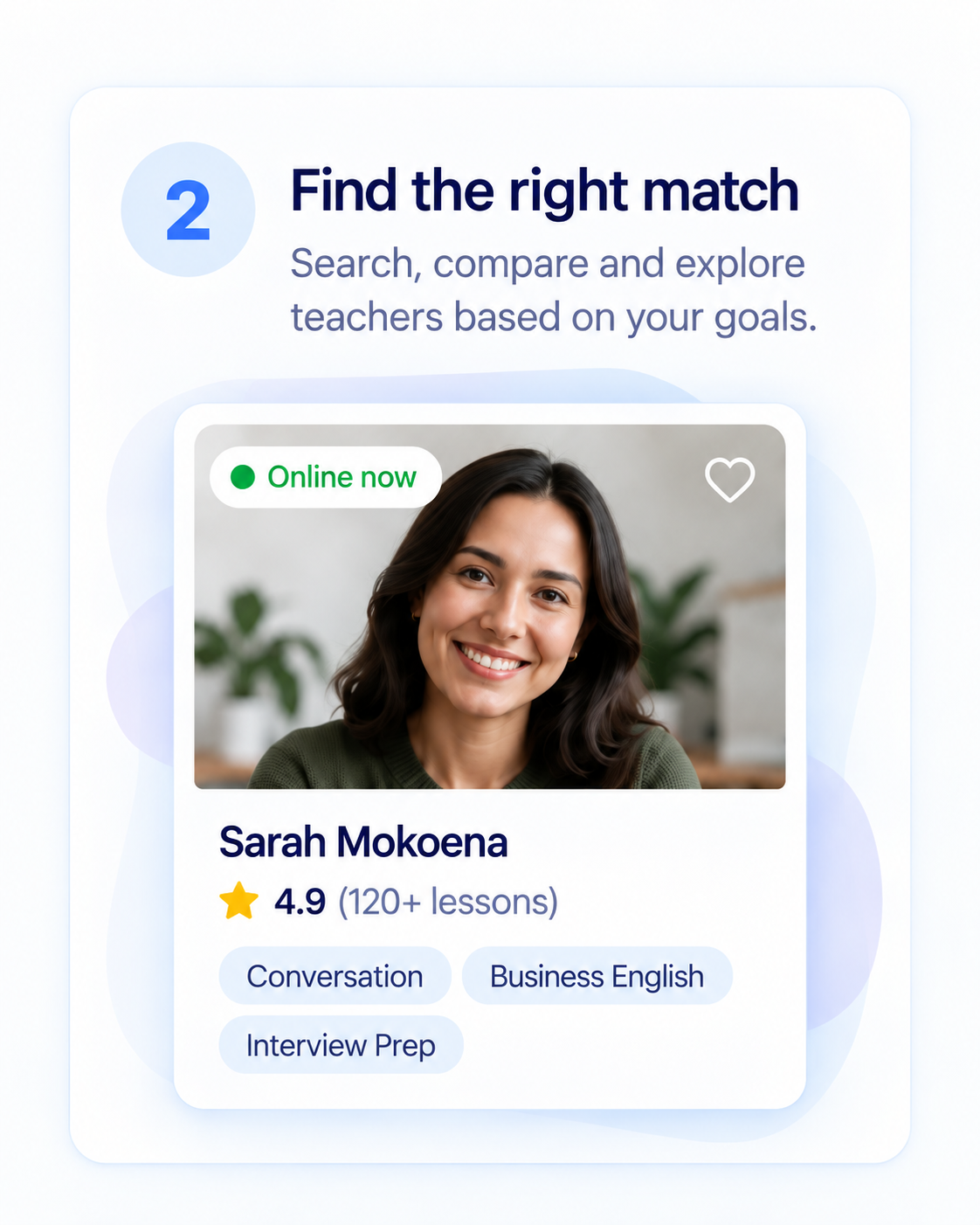 Step 2 artwork: a fictional teacher portrait and profile showing sample subjects, a rating, lesson count and online status. This is not a real teacher or public profile.