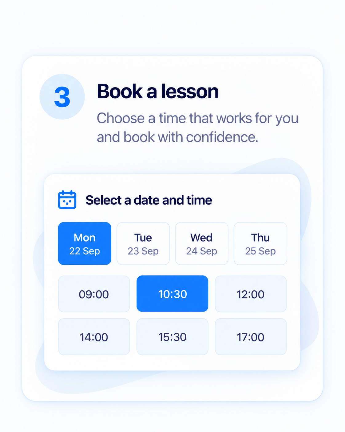 Step 3 artwork: an example calendar with sample dates and times. No slot is available to select or book in this illustration.