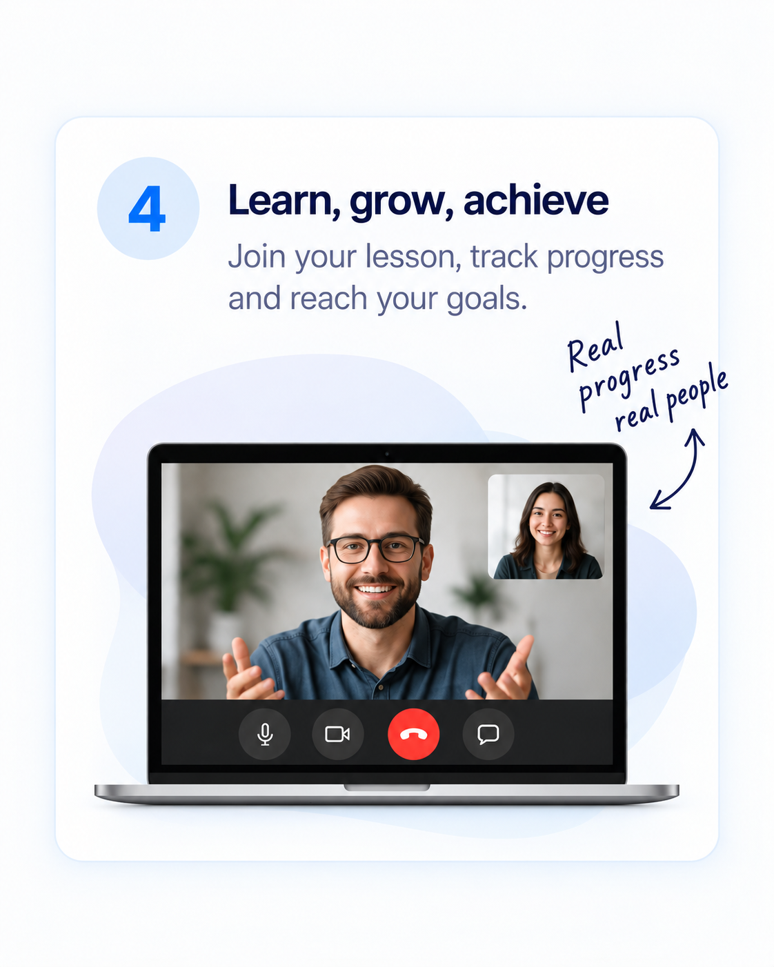 Step 4 artwork: a teacher and learner pictured on a laptop with microphone, camera and call symbols. These are not active call controls.