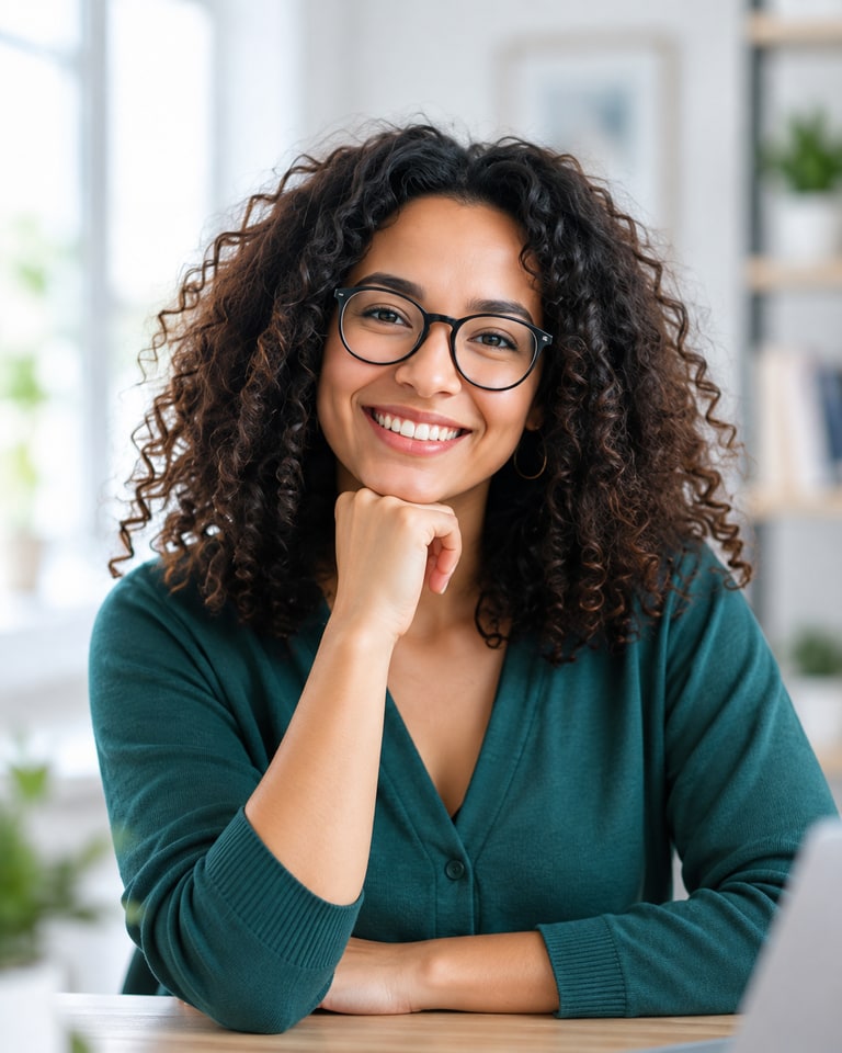 Illustrative Marketplace teacher: woman in teal at her desk