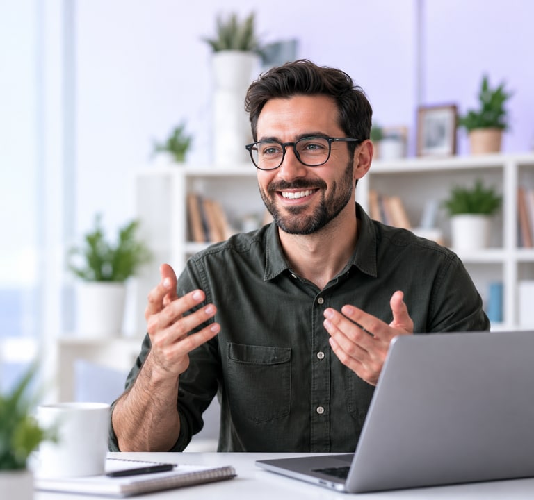 Illustrative Pro teacher: man with glasses teaching at a laptop